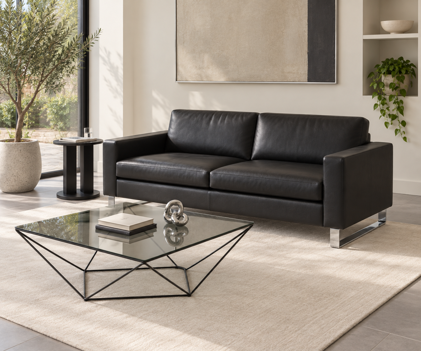 Livitalia Divano Vinaro, 206 × 91 cm, Seminole 04 Nero, vera pelle, pattini cromati – Vista a 45°