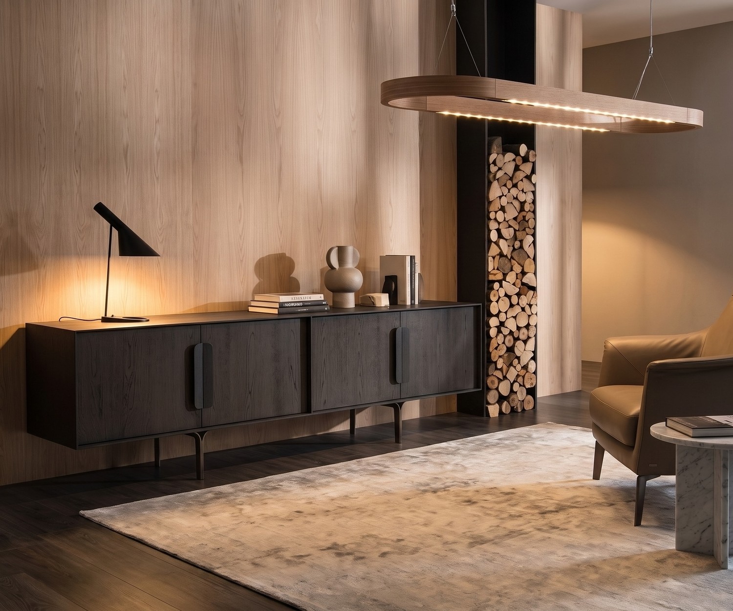 Credenza di design al2 Mobius 003 in rovere scuro Credenza di design al2 Mobius 003 in rovere carbone scuro per il soggiorno, in un ambiente moderno ed elegante.