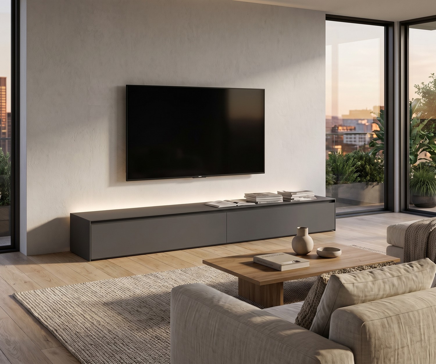 Mobile TV basso Novamobili Reverse in grigio antracite in un soggiorno moderno con TV a parete, tappeto e tavolino.
