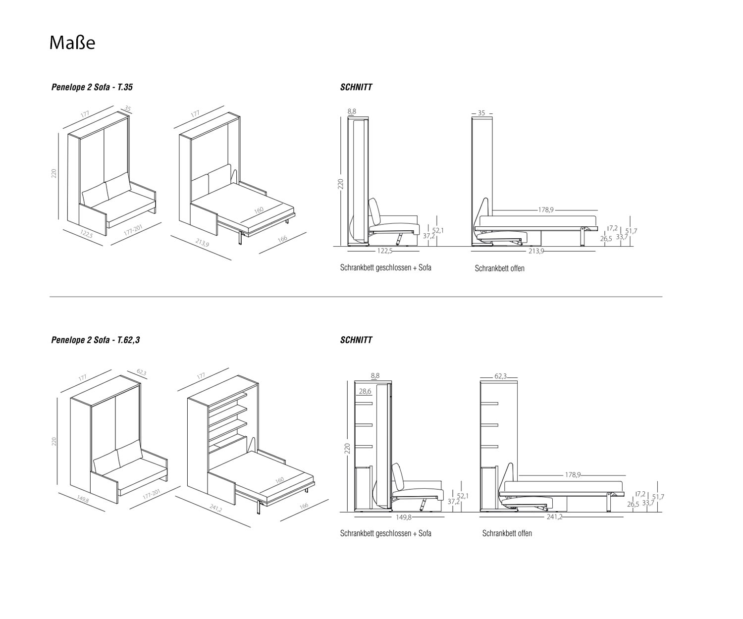 Clei Schizzo delle dimensioni del letto a scomparsa di design Penelope 2 con divano Clei Schizzo delle dimensioni del letto a scomparsa di design Penelope 2 con divano