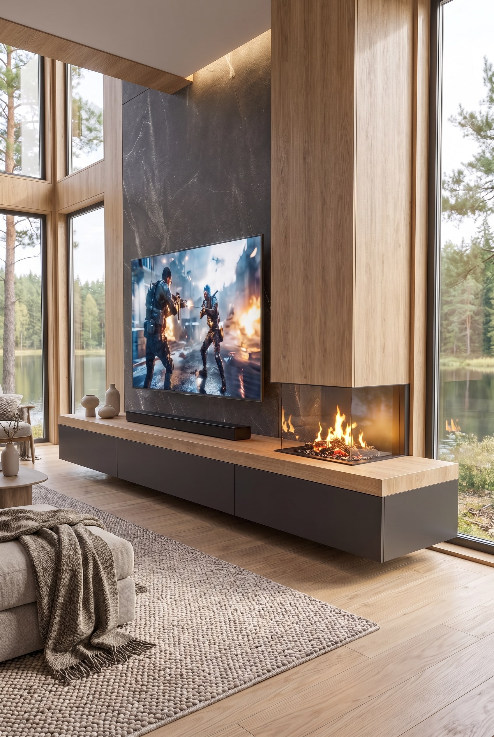 Wohnzimmer Skandinavische Wohnwand mit Kamin