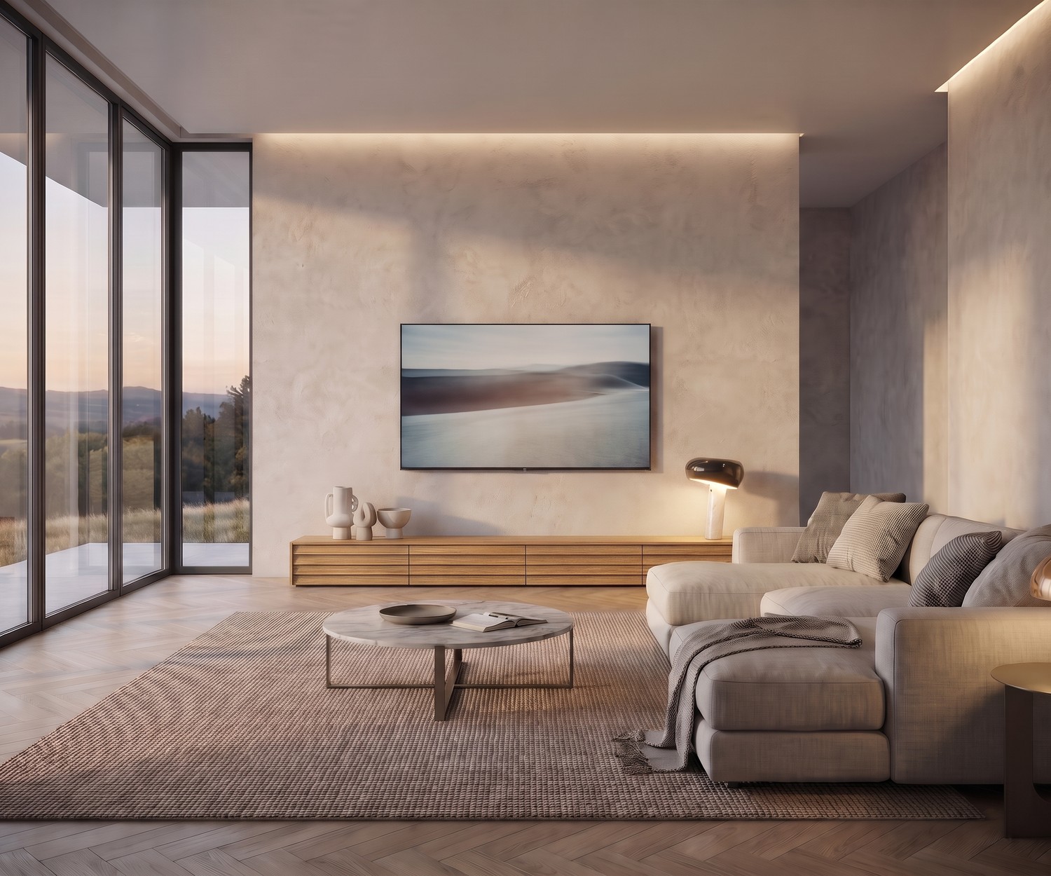 Mobile TV sospeso Punt Sussex Configuratore in noce, perfetto per un soggiorno moderno ed elegante con illuminazione LED.