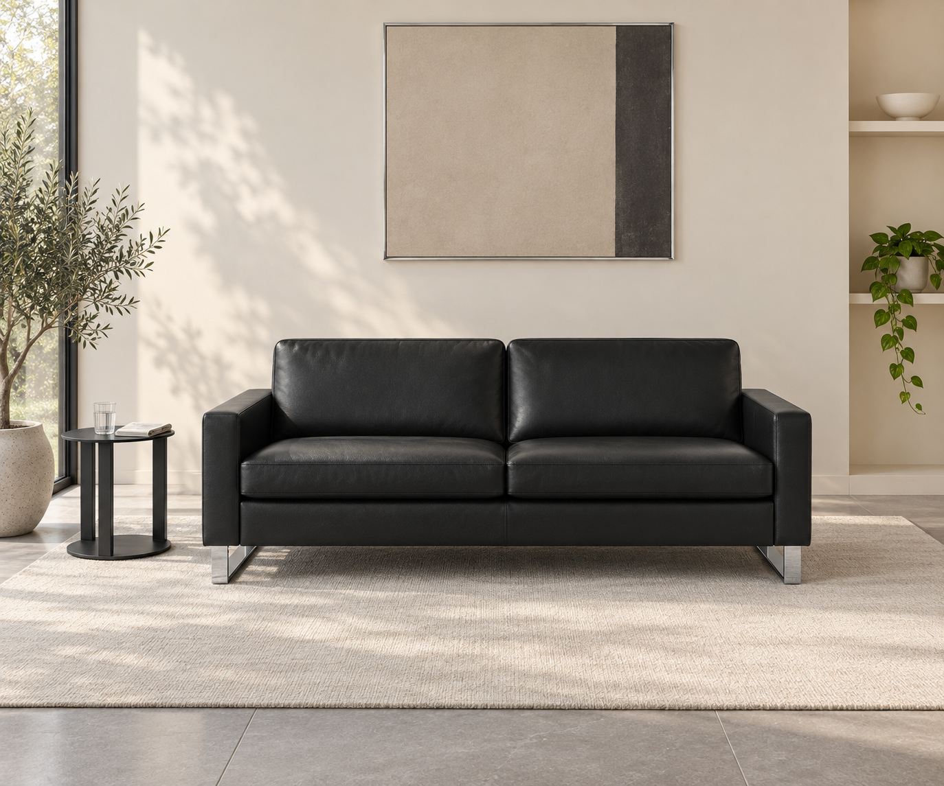 Livitalia Divano Vinaro, 206 × 91 cm, Seminole 04 Nero, vera pelle, pattini cromati – Vista frontale senza tavolino Livitalia Divano Vinaro, 206 × 91 cm, Seminole 04 Nero, vera pelle, pattini cromati – Vista frontale senza tavolino