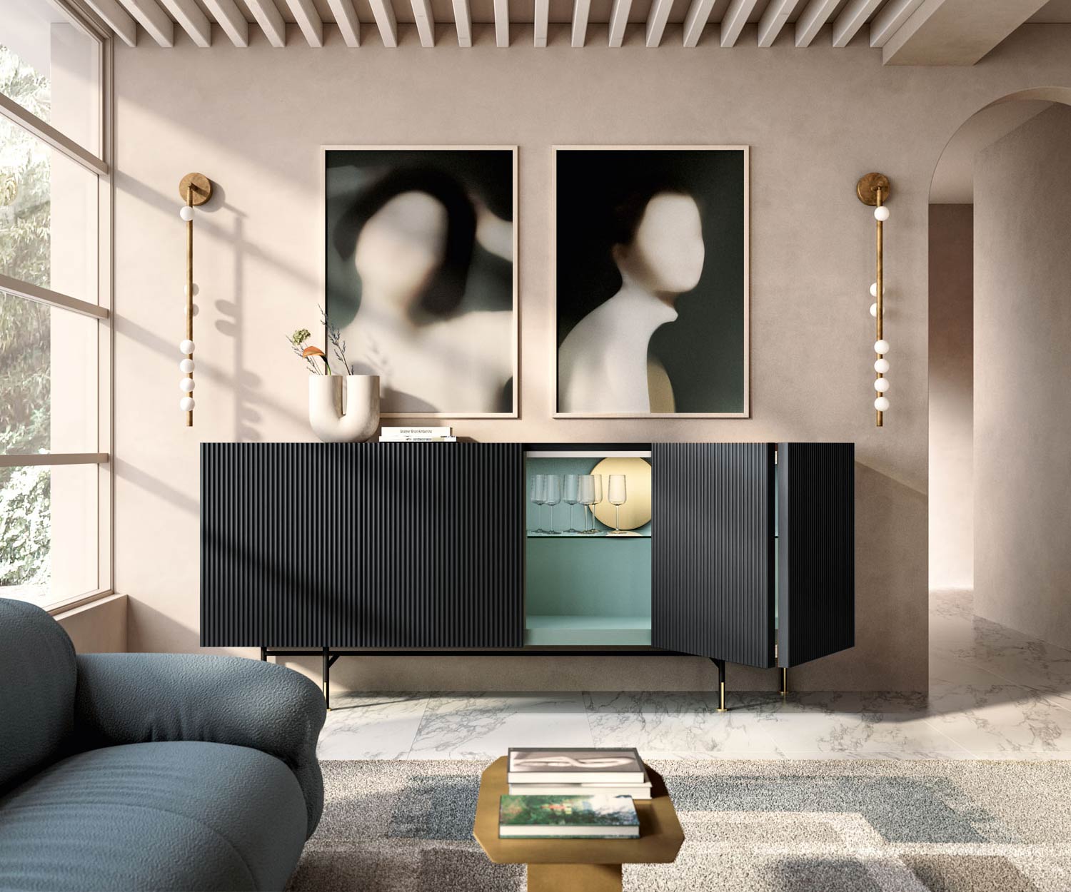 Elegantes Wohnzimmer mit Design Sideboard und Loungesofa Elegantes Wohnzimmer mit Design Sideboard und Loungesofa