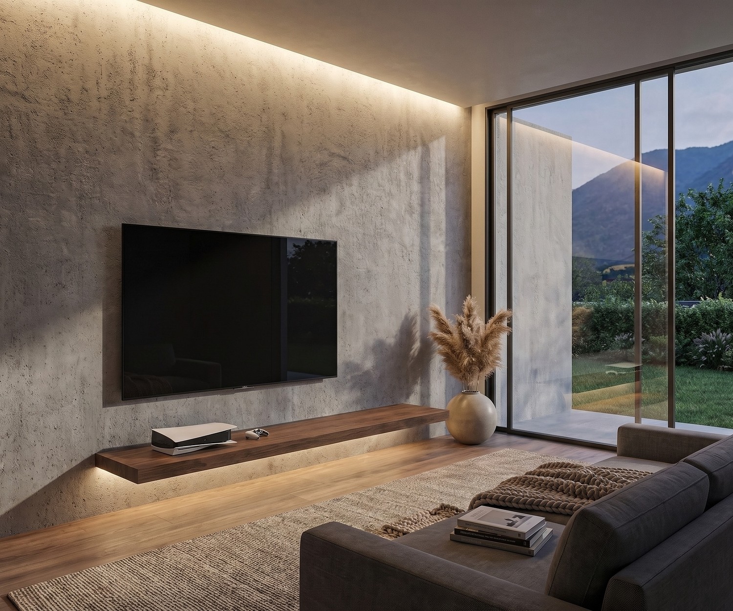 Mensola TV sospesa in legno Livitalia Mensola TV sospesa Livitalia in legno in un soggiorno minimalista sotto la televisione a parete in cemento.