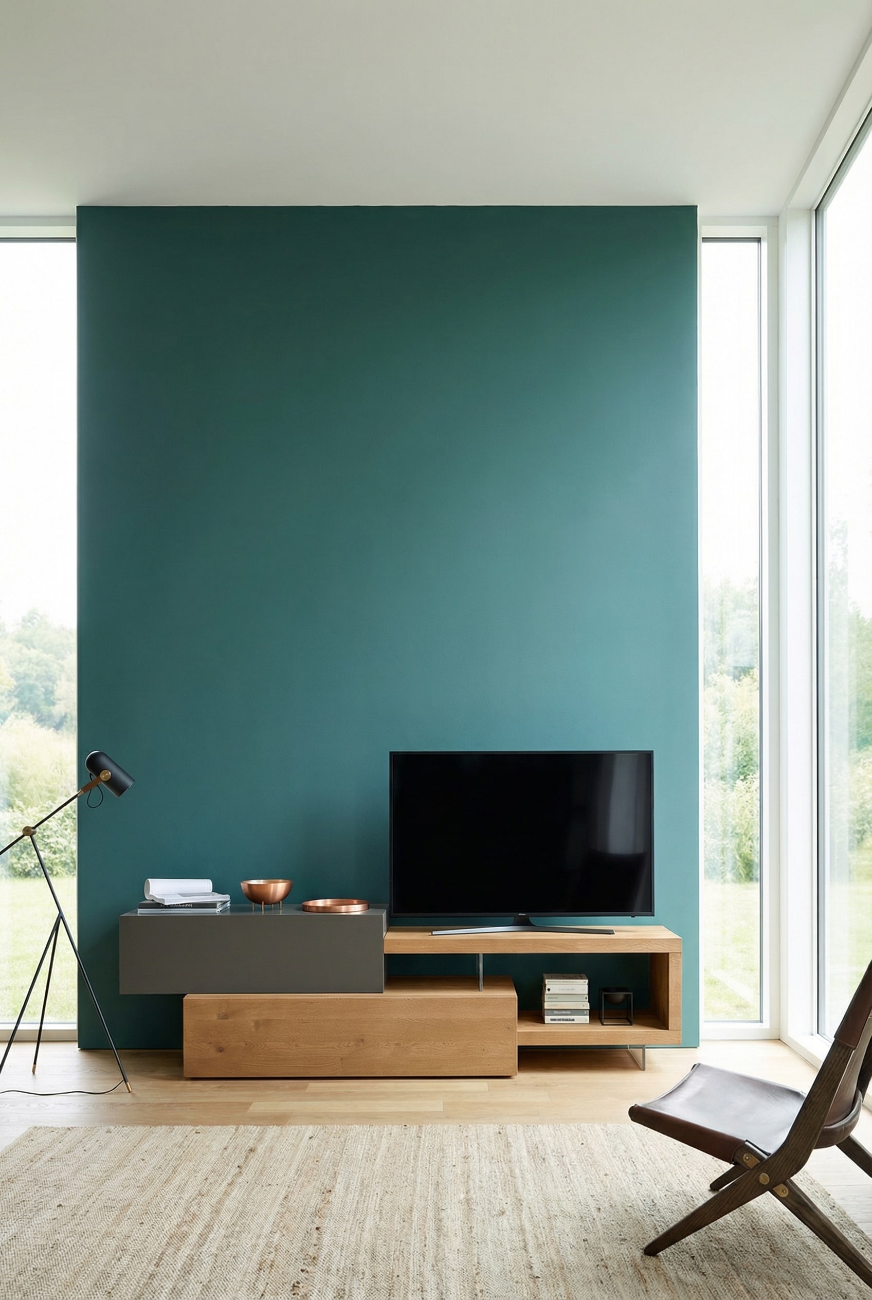 Parete attrezzata con elementi in legno davanti a una parete color petrolio