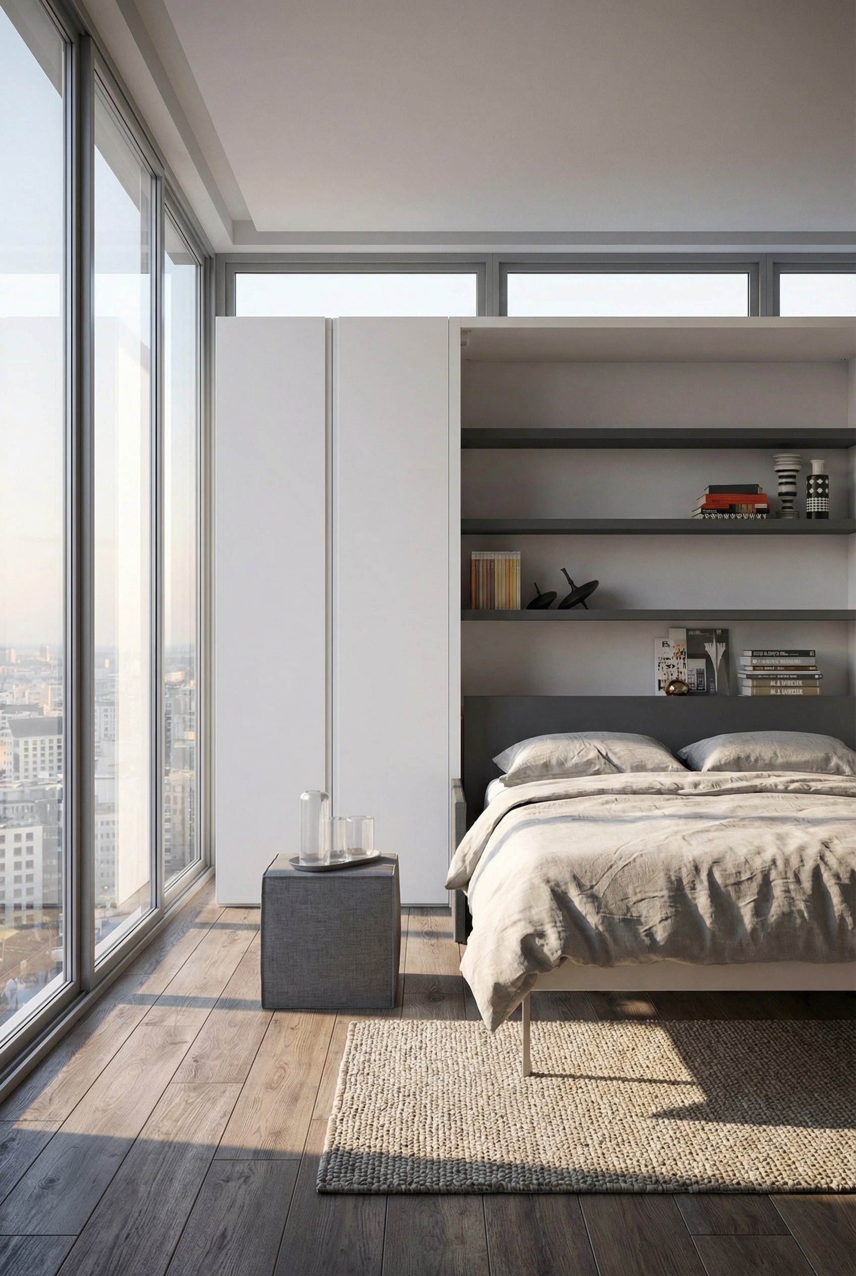 Letto a scomparsa compatto perfettamente integrato in una nicchia stretta di una stanza moderna