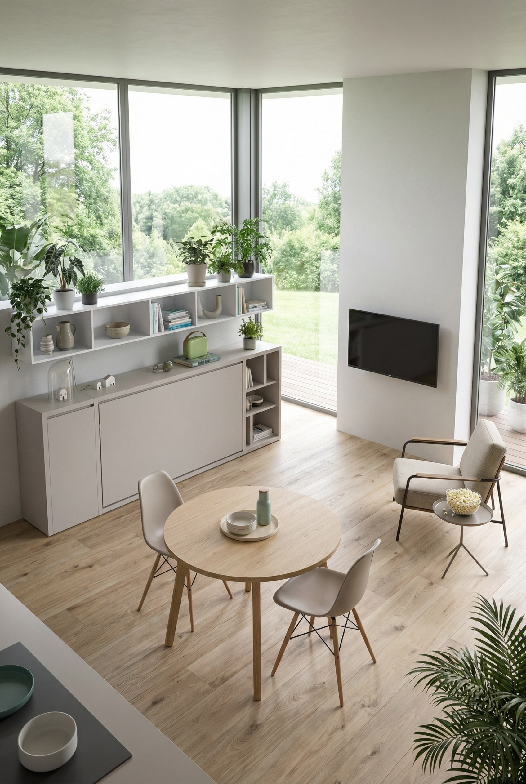 Letto a scomparsa con apertura orizzontale in un monolocale arredato in stile minimalista Letto a scomparsa con apertura orizzontale in un monolocale arredato in stile minimalista