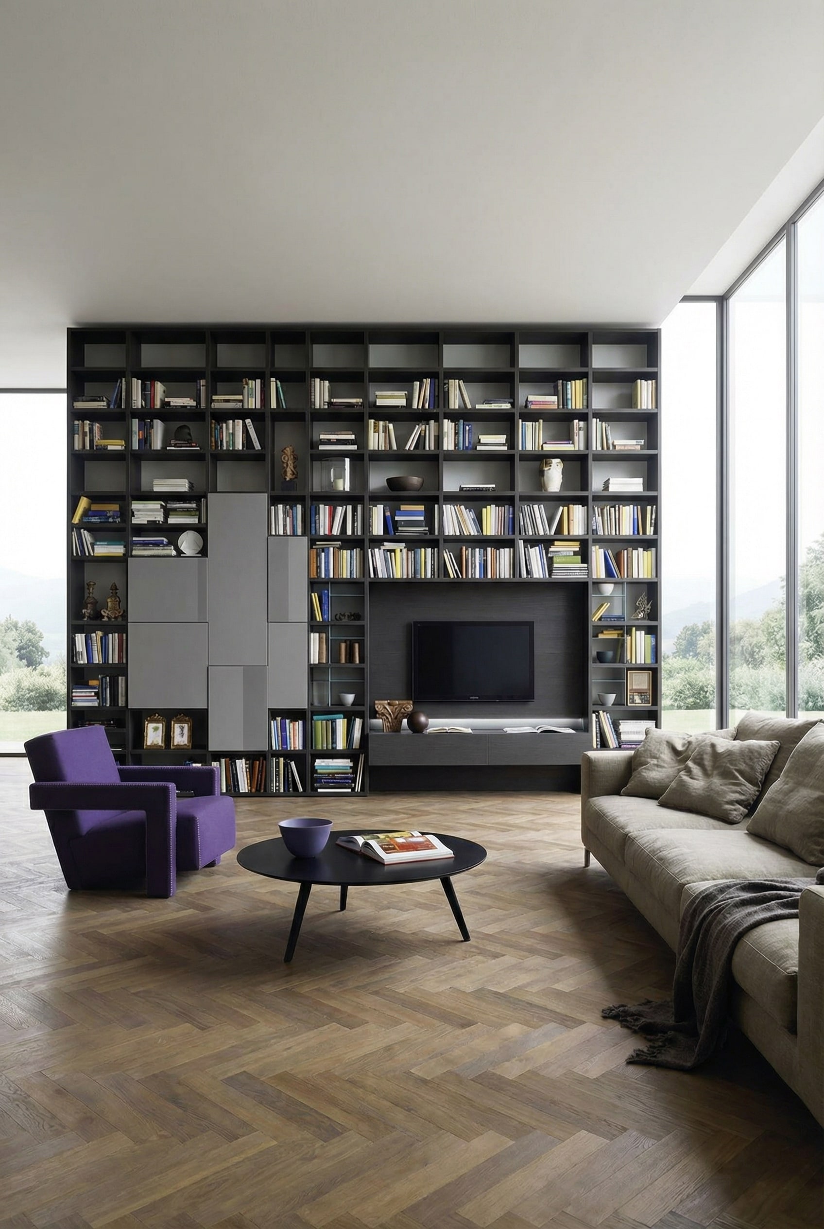 Libreria da soggiorno scura Livitalia C54 con libri ed elementi decorativi perfettamente proporzionati secondo la regola 60-30-10. Libreria da soggiorno scura Livitalia C54 con libri ed elementi decorativi perfettamente proporzionati secondo la regola 60-30-10.