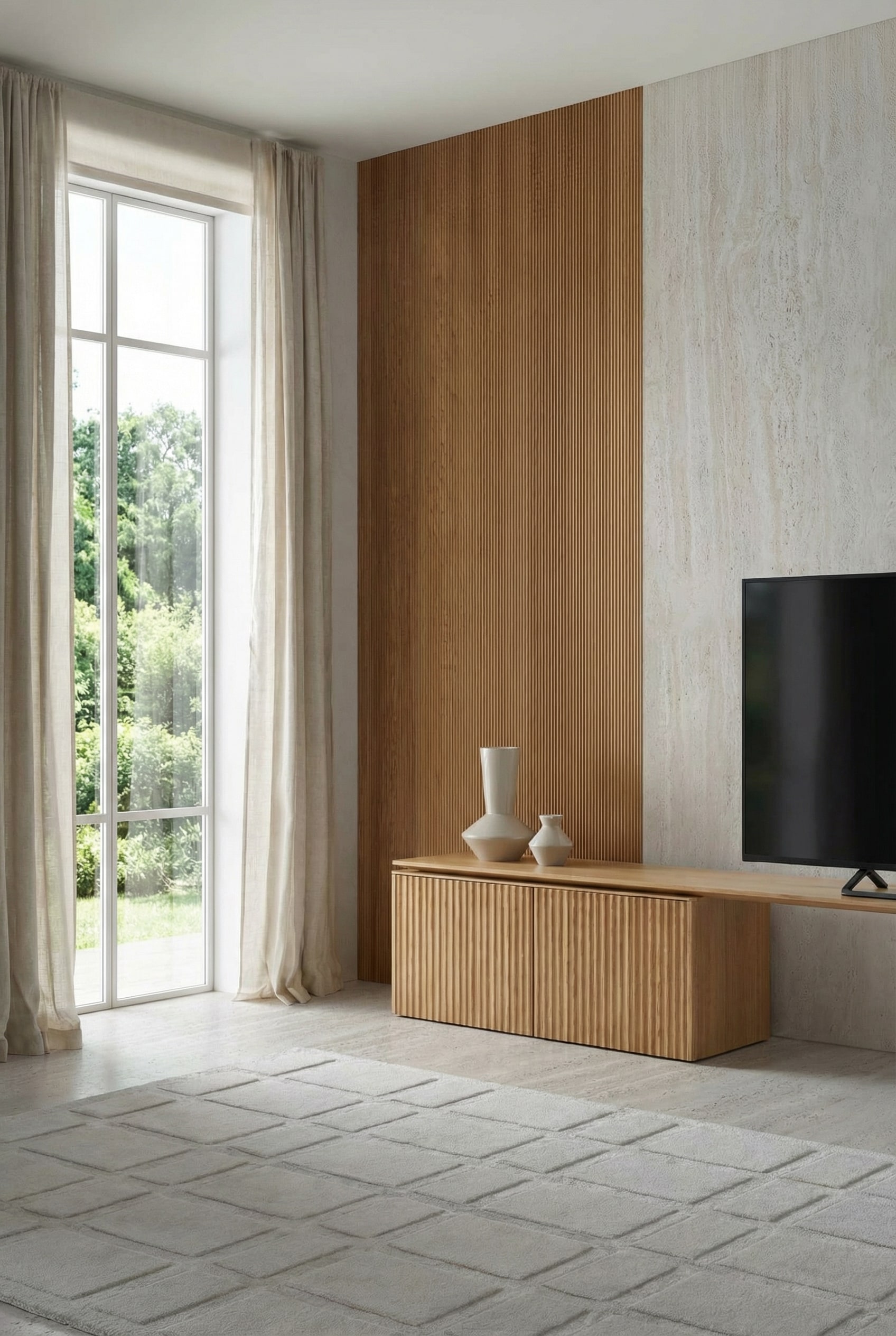 Elegante panca TV in legno con frontali a scanalature verticali in un soggiorno luminoso e moderno Elegante panca TV in legno con frontali a scanalature verticali in un soggiorno luminoso e moderno