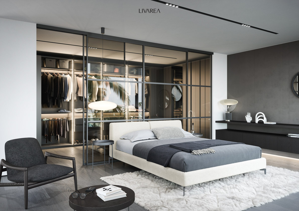 Esclusivo armadio da camera con ante scorrevoli trasparenti separate in laccato beige con illuminazione a led cassettiera portapantaloni Esclusivo armadio da camera con ante scorrevoli trasparenti separate in laccato beige con illuminazione a led cassettiera portapantaloni