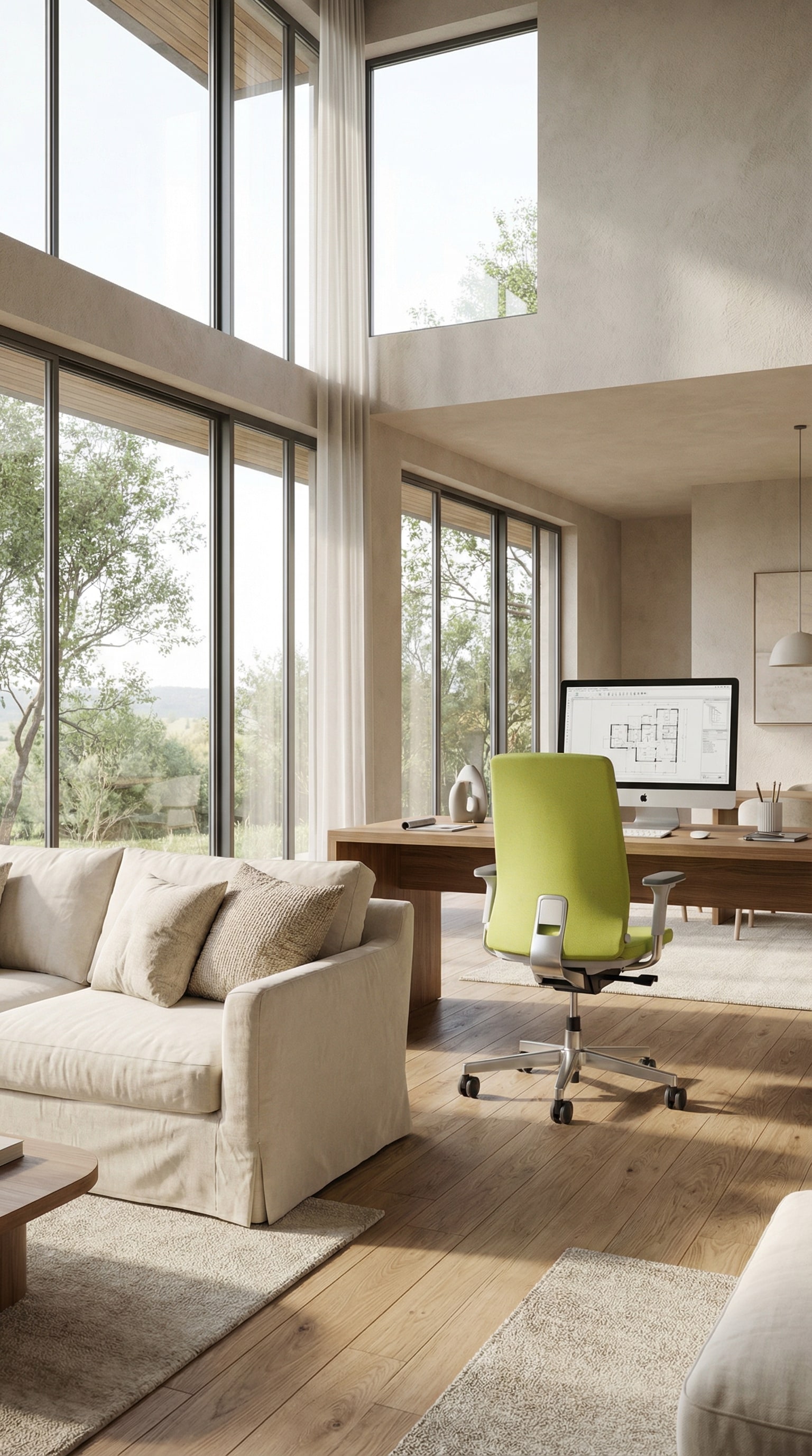 La ICF Pyla ergonomischer B&uuml;rostuhl con fine tessuto a rete su una moderna scrivania in un soggiorno luminoso