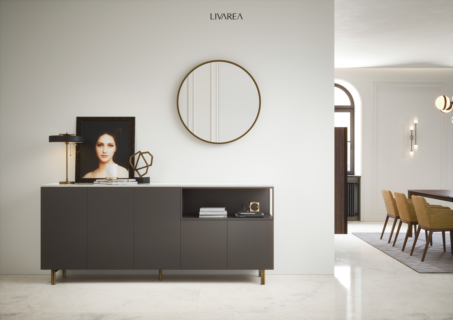 Mobile buffet per sala da pranzo su gambe in metallo con ante e vano a giorno Mobile buffet per sala da pranzo su gambe in metallo con ante e vano a giorno