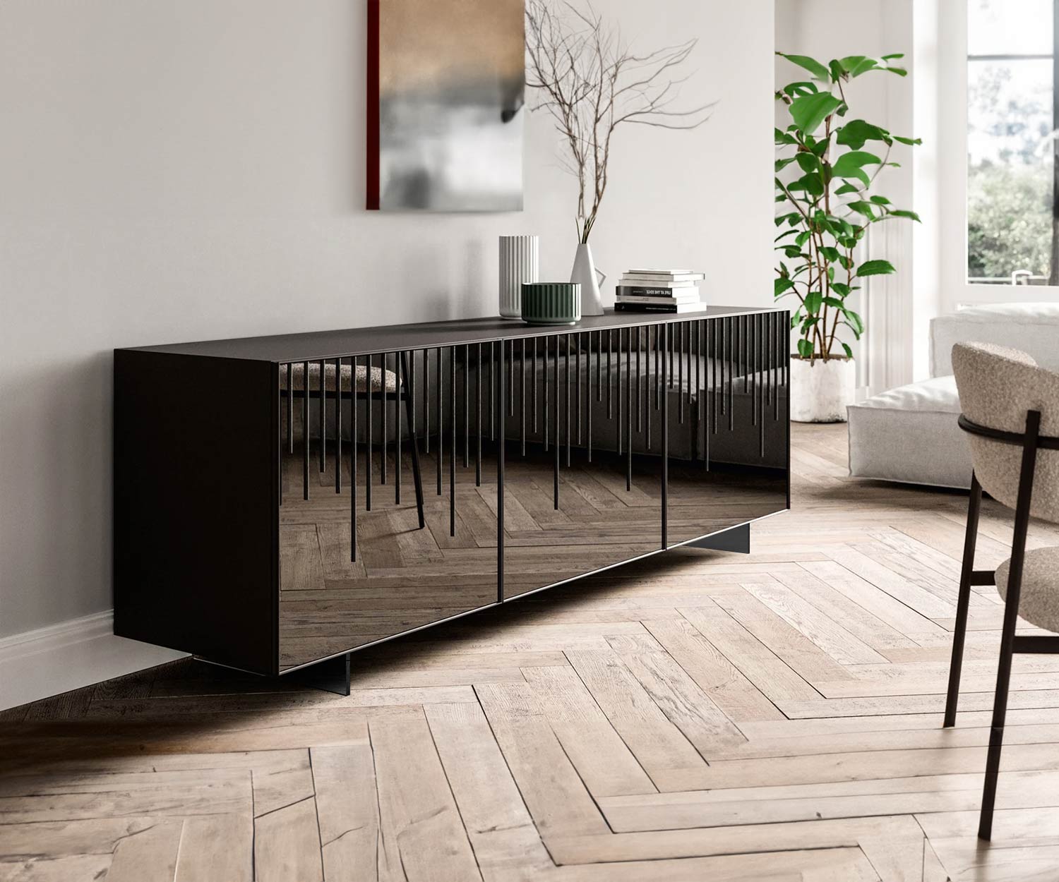 Lavagna TV con piedini in metallo legno carbone rovere nero Lavagna TV con piedini in metallo legno carbone rovere nero