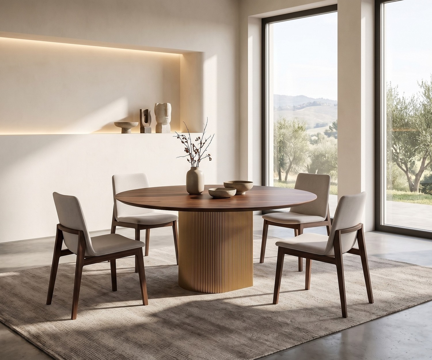 Tavolo da pranzo rotondo al2 dakry br 001 con base centrale scanalata Tavolo da pranzo rotondo al2 dakry br 001 per sala da pranzo, moderno tavolo con piano in marmo e base scanalata dorata.