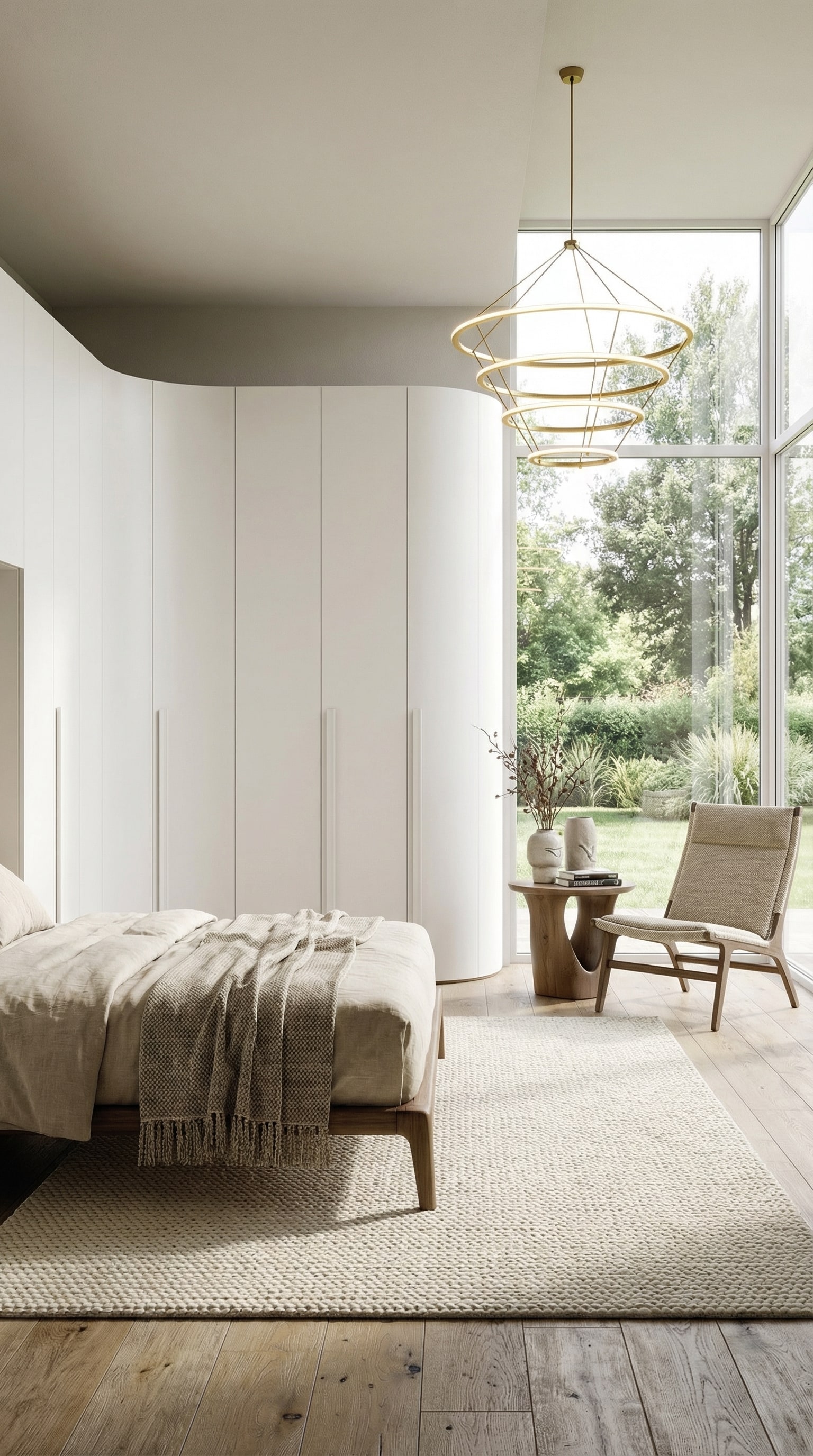 Ein moderner Kleiderschrank mit abgerundetem Eckmodul, das den Übergang zur Zimmertür weicher macht. Ein moderner Kleiderschrank mit abgerundetem Eckmodul, das den Übergang zur Zimmertür weicher macht.