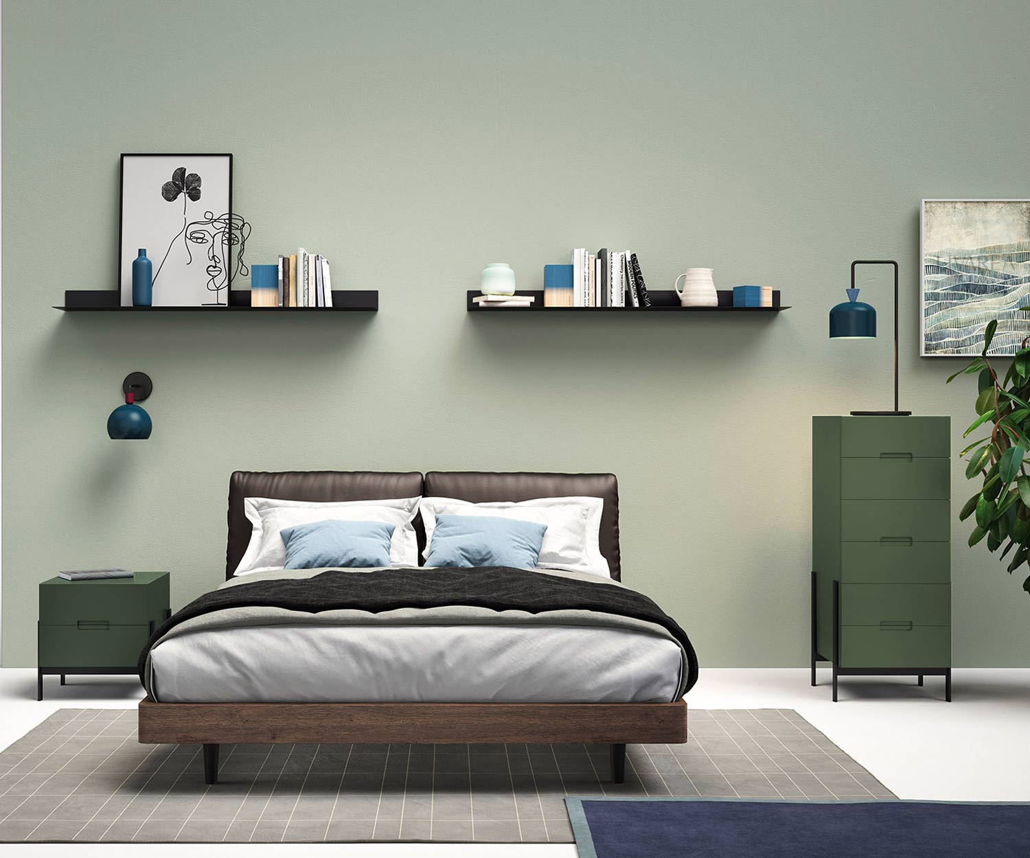 Esclusivo Novamobili Design cassettiera alta Float in verde in camera da letto