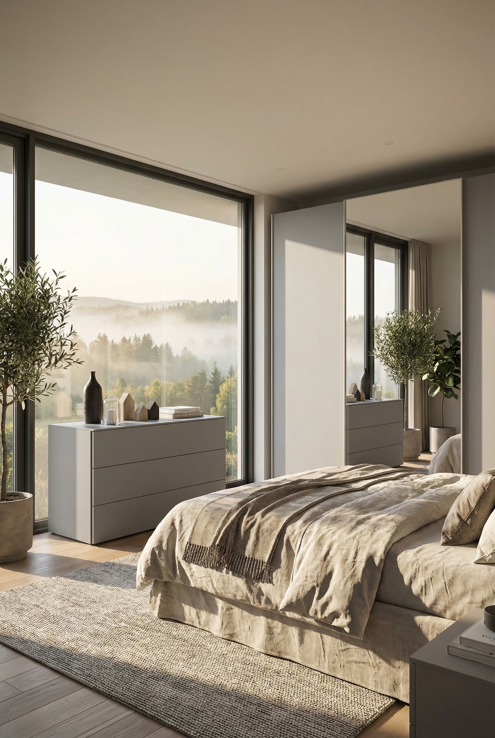 Cassettiera minimalista Livitalia Atena in una camera da letto moderna con molta luce naturale.