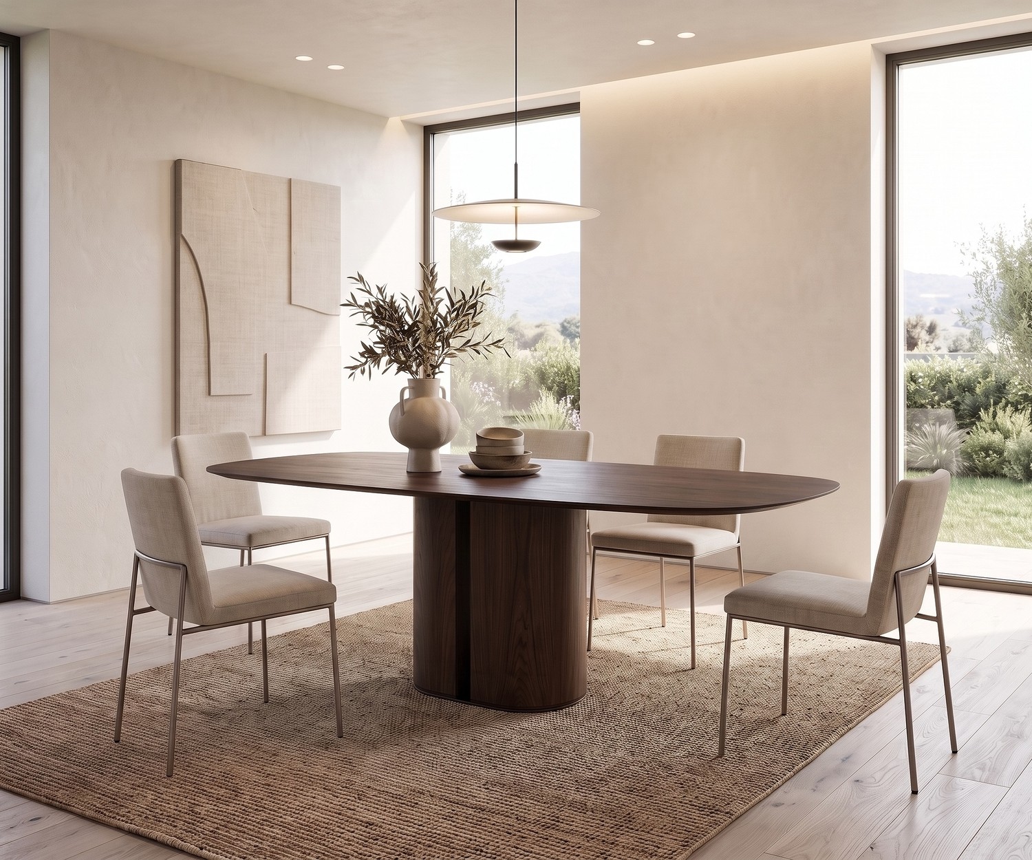 Tavolo da pranzo al2 el-it c 001 in legno scuro in una sala da pranzo minimalista con sedie moderne beige.