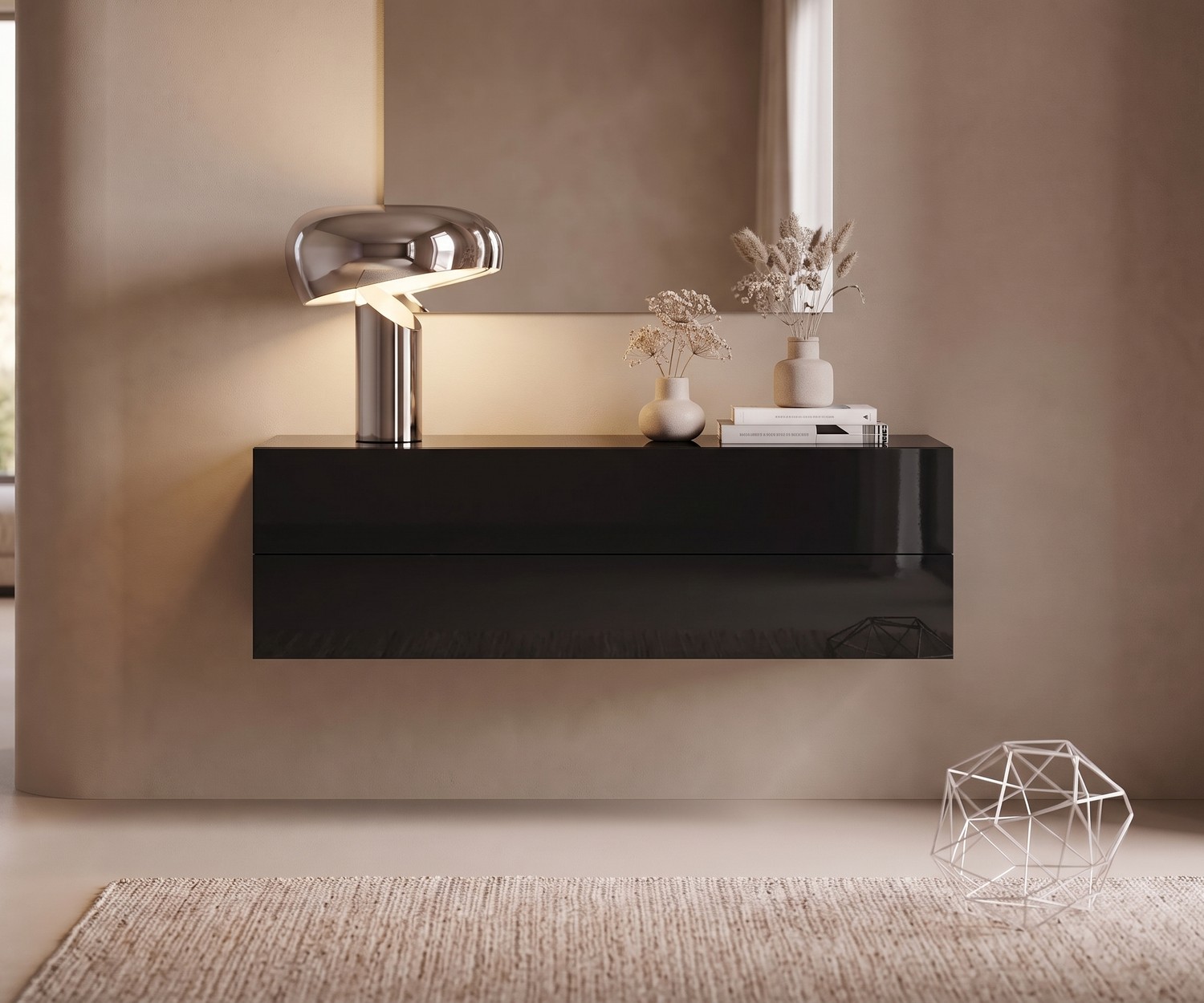 Cassettiera sospesa Novamobili Easy nero lucido Cassettiera sospesa Novamobili Easy nera lucida per ingresso, mobile di design italiano minimalista a due cassetti.