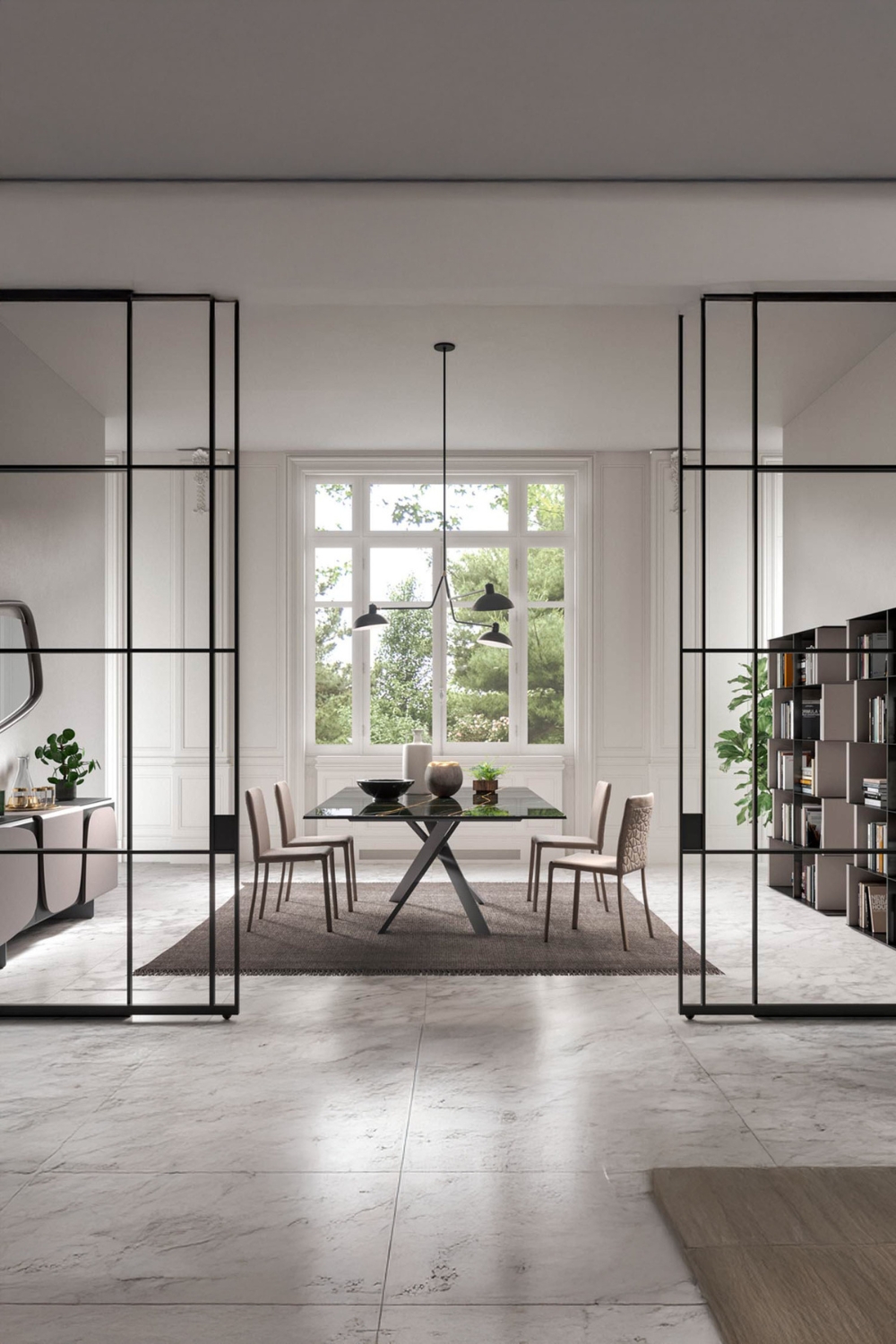 sala-da-pranzo-spaziosa-con-tavolo-da-pranzo-allungabile-tra-una-credenza-e-una-mensola-a-parete