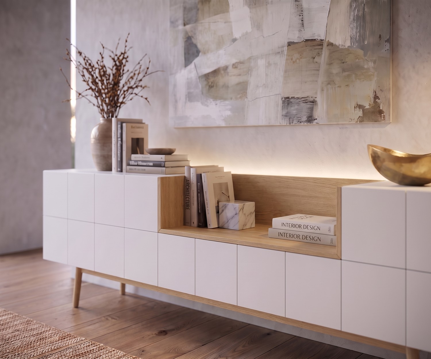 Credenza al2 MOS-I-KO 003 A per il soggiorno, laccata bianca e legno massello in stile moderno rétro.