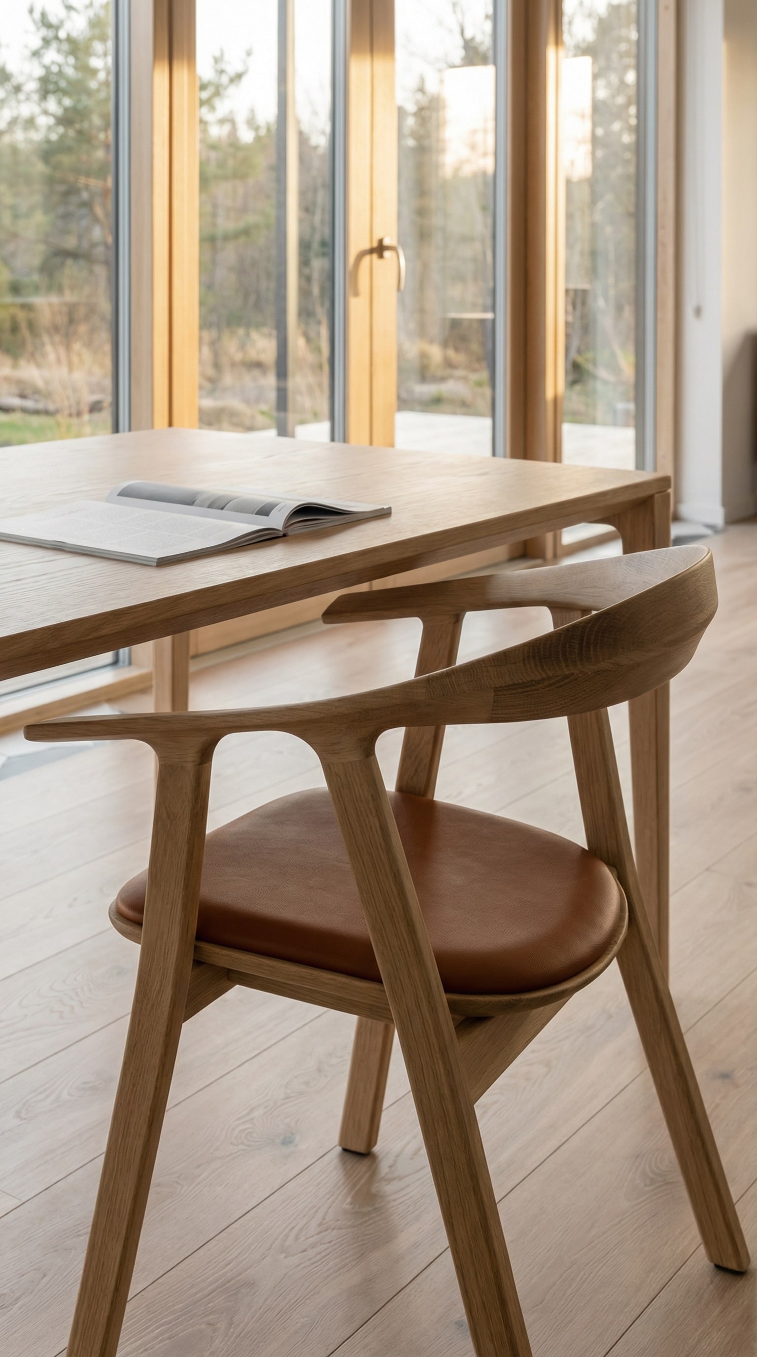 Sedia in legno massello di alta qualità con imbottitura in pelle marrone a un tavolo in legno chiaro Sedia in legno massello di alta qualità con imbottitura in pelle marrone a un tavolo in legno chiaro
