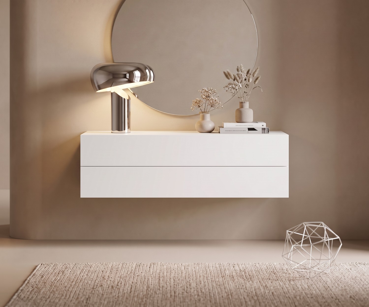 Cassettiera sospesa Easy di Novamobili. Comò bianco sospeso a 2 cassetti per un ingresso o corridoio minimalista.