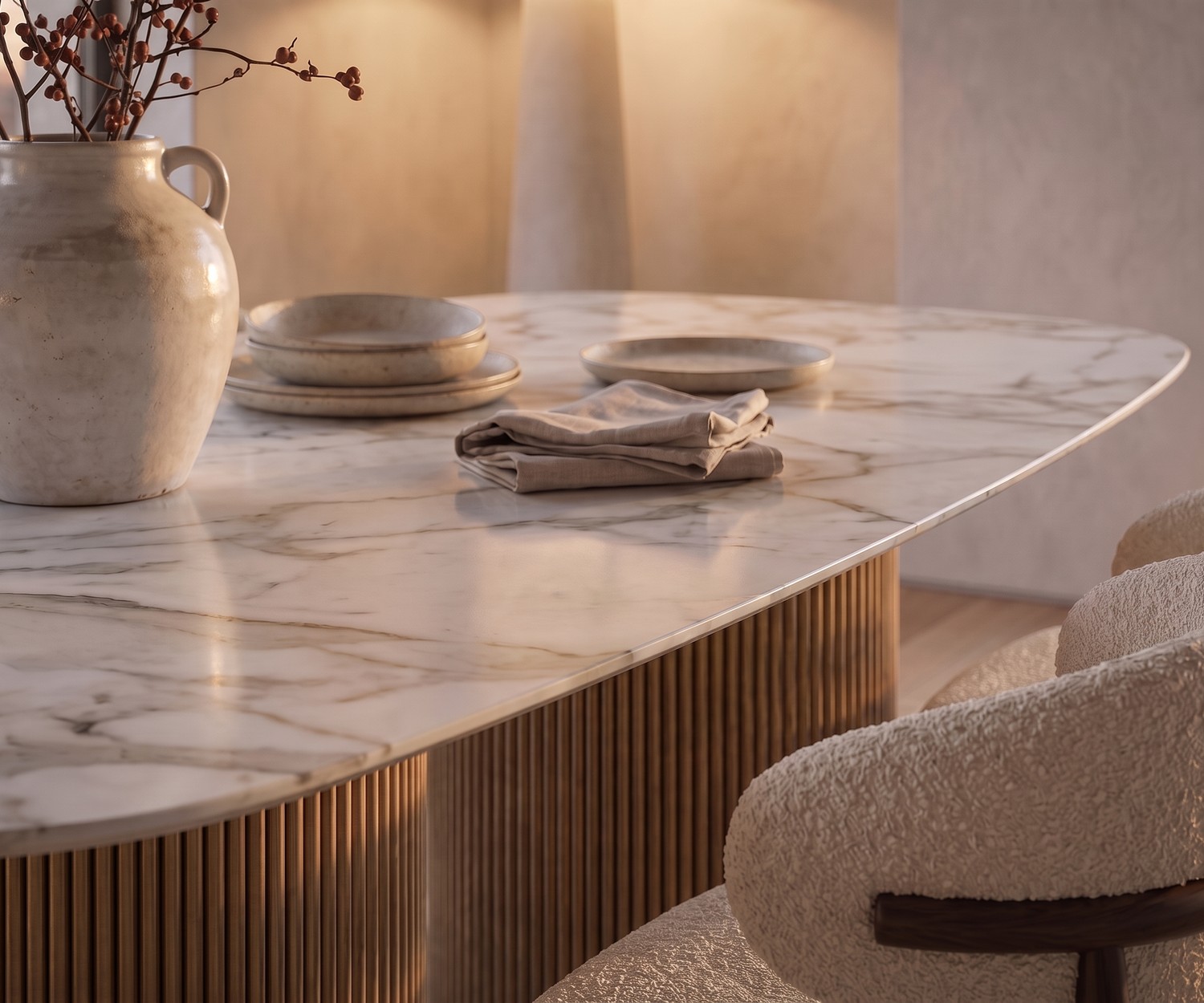 Tavolo da pranzo design al2 dakry b 001 con piano in ceramica effetto marmo e basamento in legno cannettato.