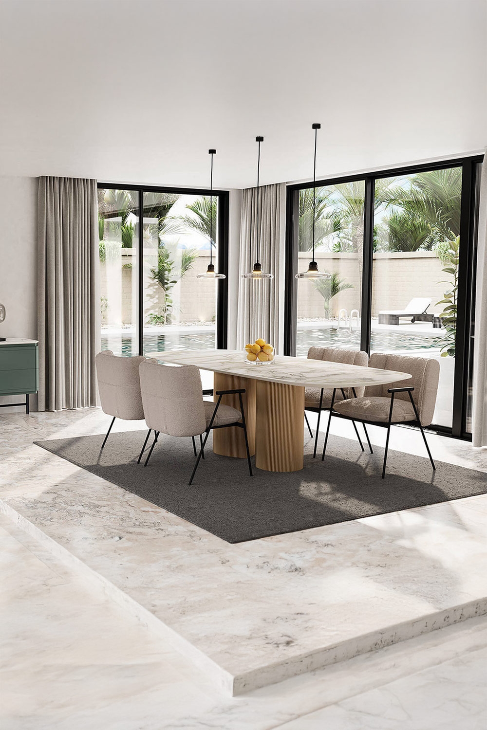 tavolo-da-pranzo-con-struttura-marcata-e-piano-delicato-completato-da-sedie-da-pranzo-con-gambe-filigrane-e-seduta-imbottita