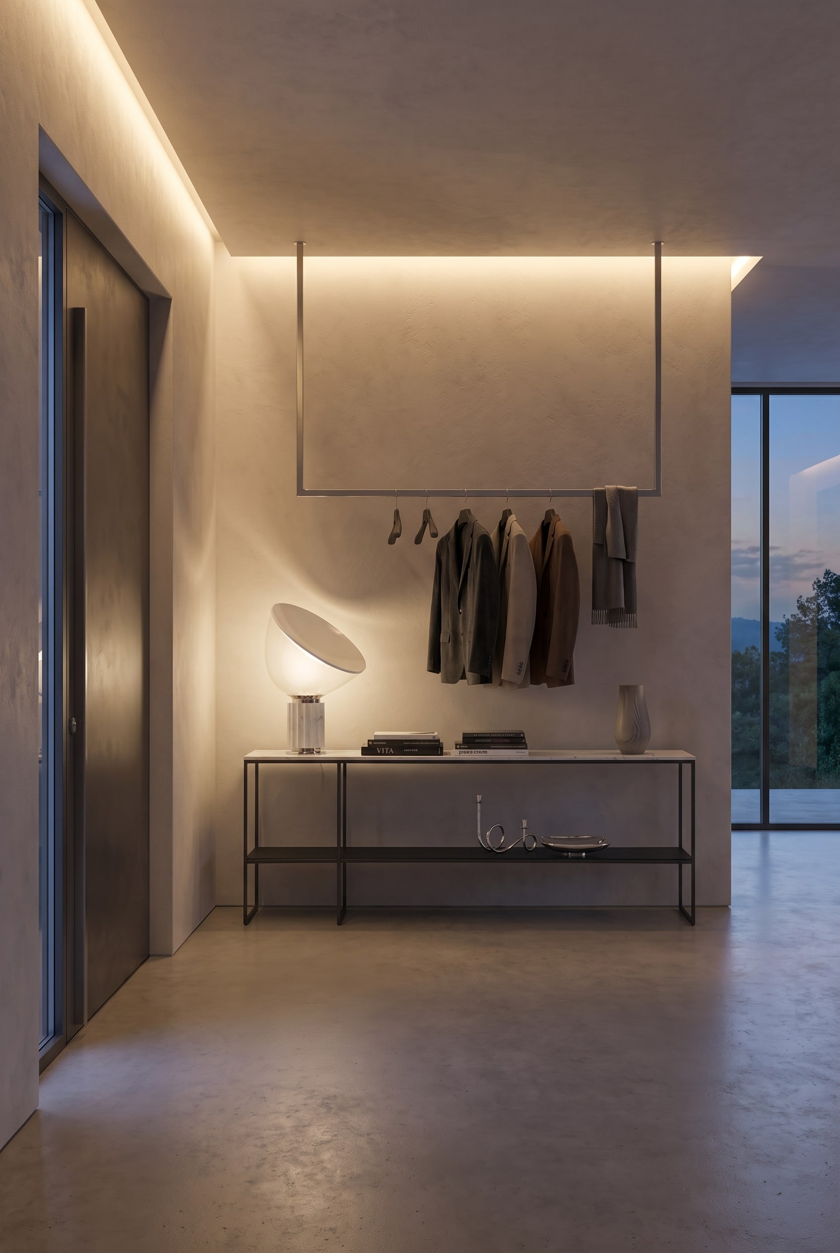 Moderner Flur mit offener Garderobe und einer filigranen Metallkonsole unter warmem indirektem Licht