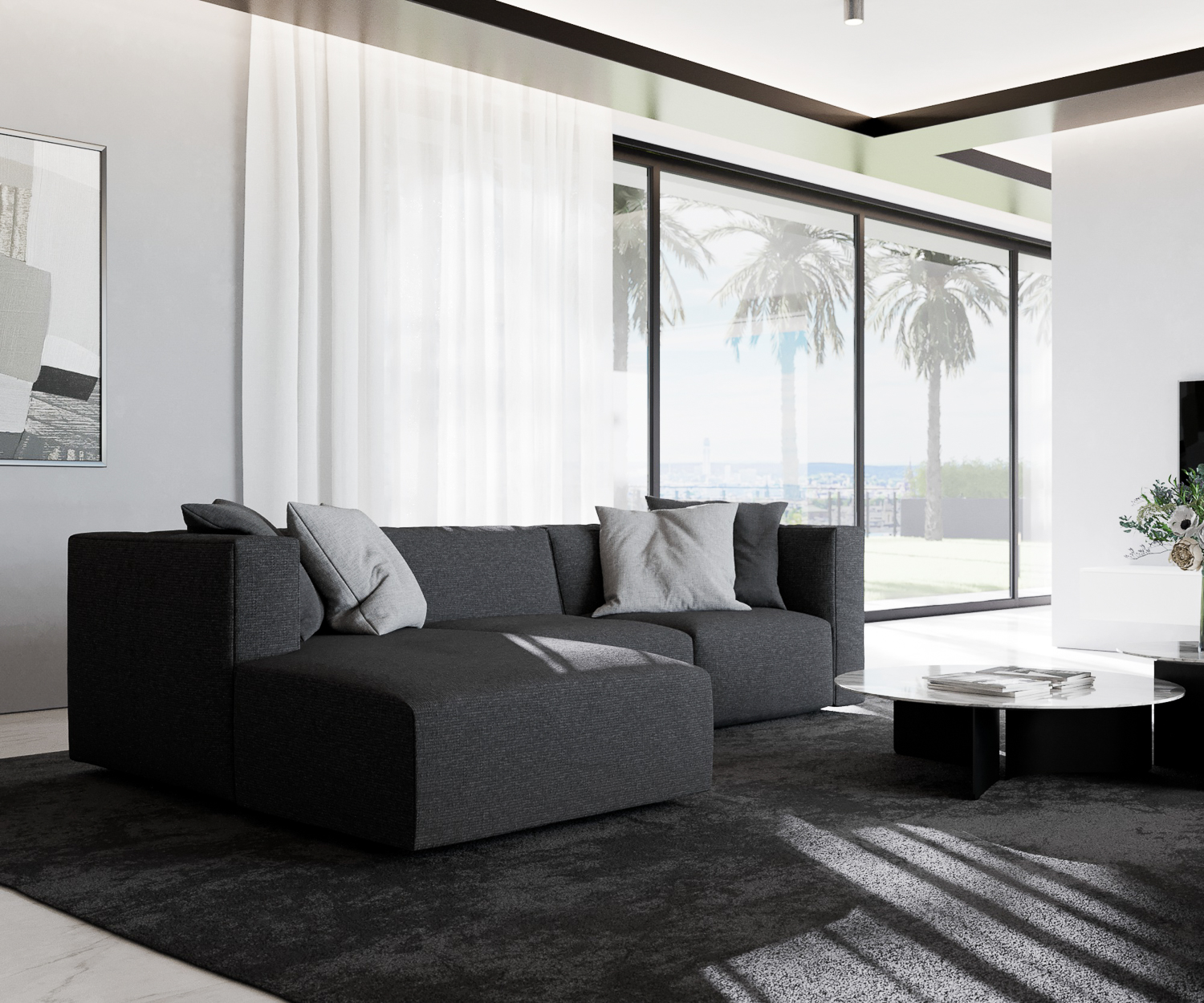 Prostoria Abbinamento L divano di design con rivestimento in tessuto grigio recamiere nero grigio confortevole dal lato