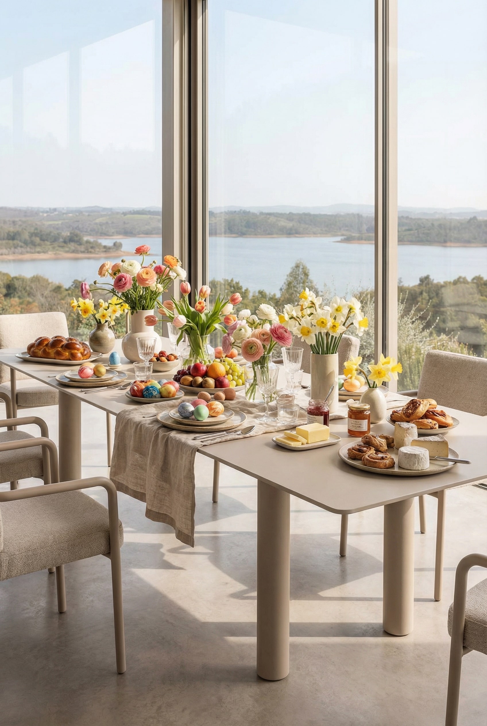 Tavolo da pranzo per esterni minimalista di alta qualità su una terrazza luminosa Tavolo da pranzo per esterni minimalista di alta qualità su una terrazza luminosa