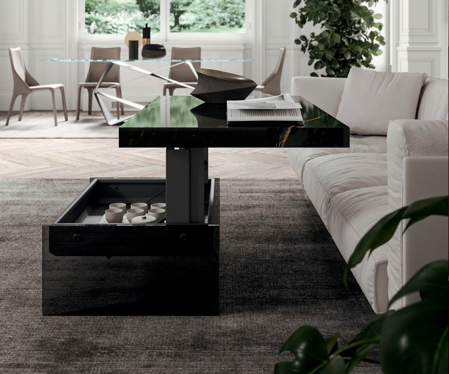 Tavolino Bellagio piano in marmo vetro ripiegato vano portaoggetti Tavolino Bellagio piano in marmo vetro ripiegato vano portaoggetti