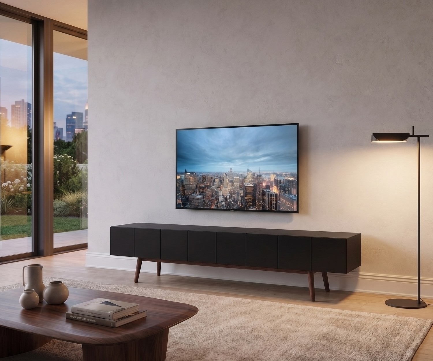 Mobile TV basso al2 MOS-I-KO 005 B per soggiorno, corpo nero opaco con piedini in legno, stile rétro moderno.