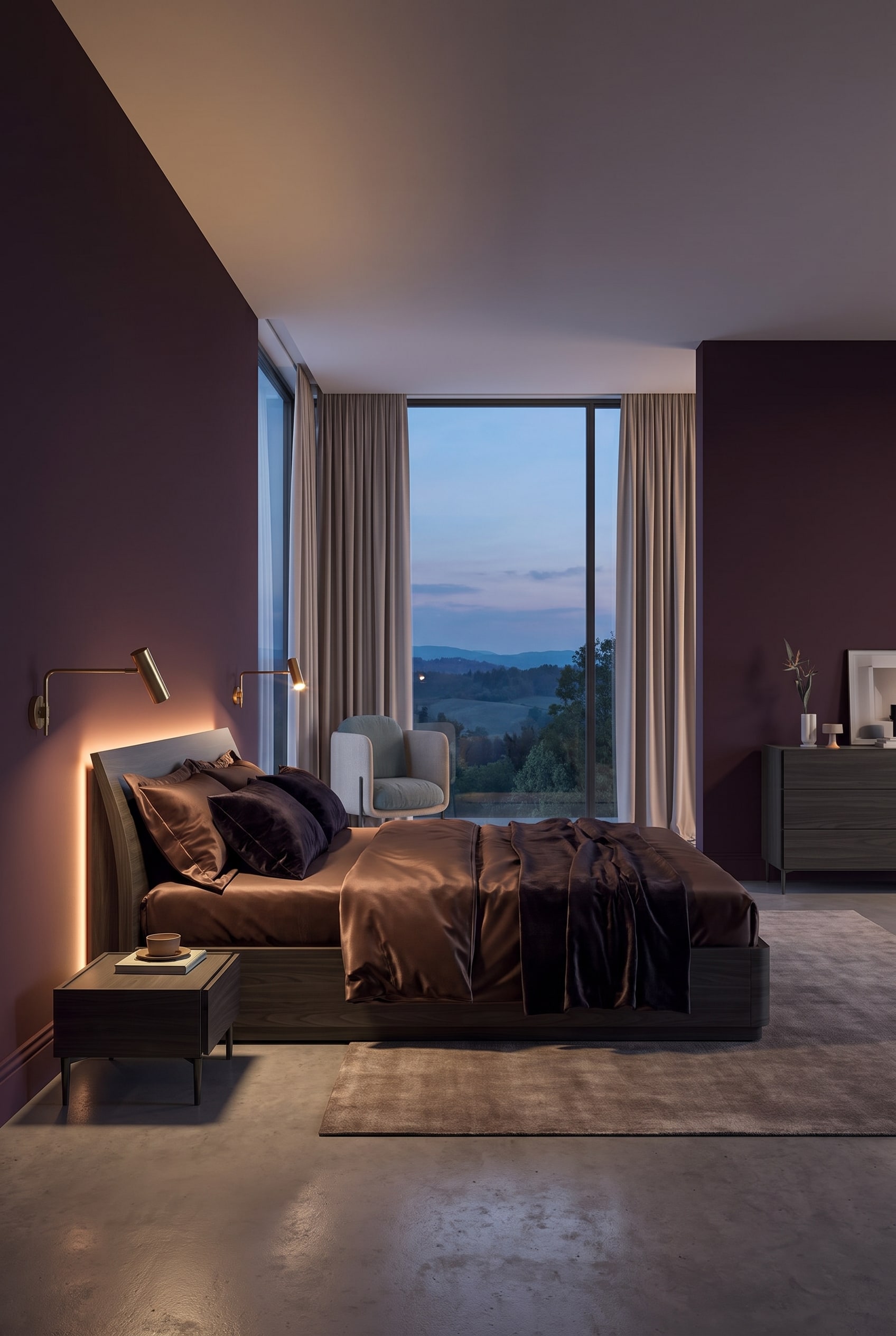 Schlafzimmer mit dunklem Holzbett im Boutique-Stil