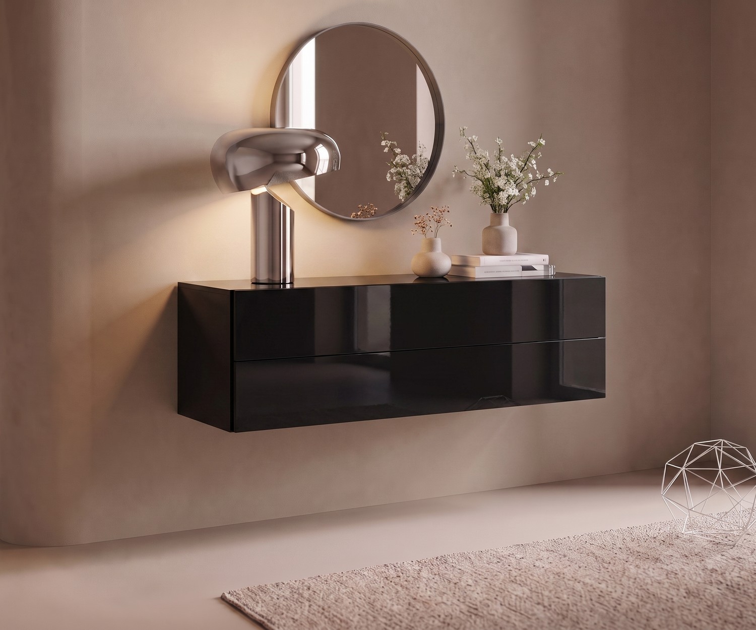 Cassettiera sospesa Easy in nero lucido Cassettiera sospesa Easy di Novamobili per l'ingresso in nero lucido, in uno stile moderno e minimalista.