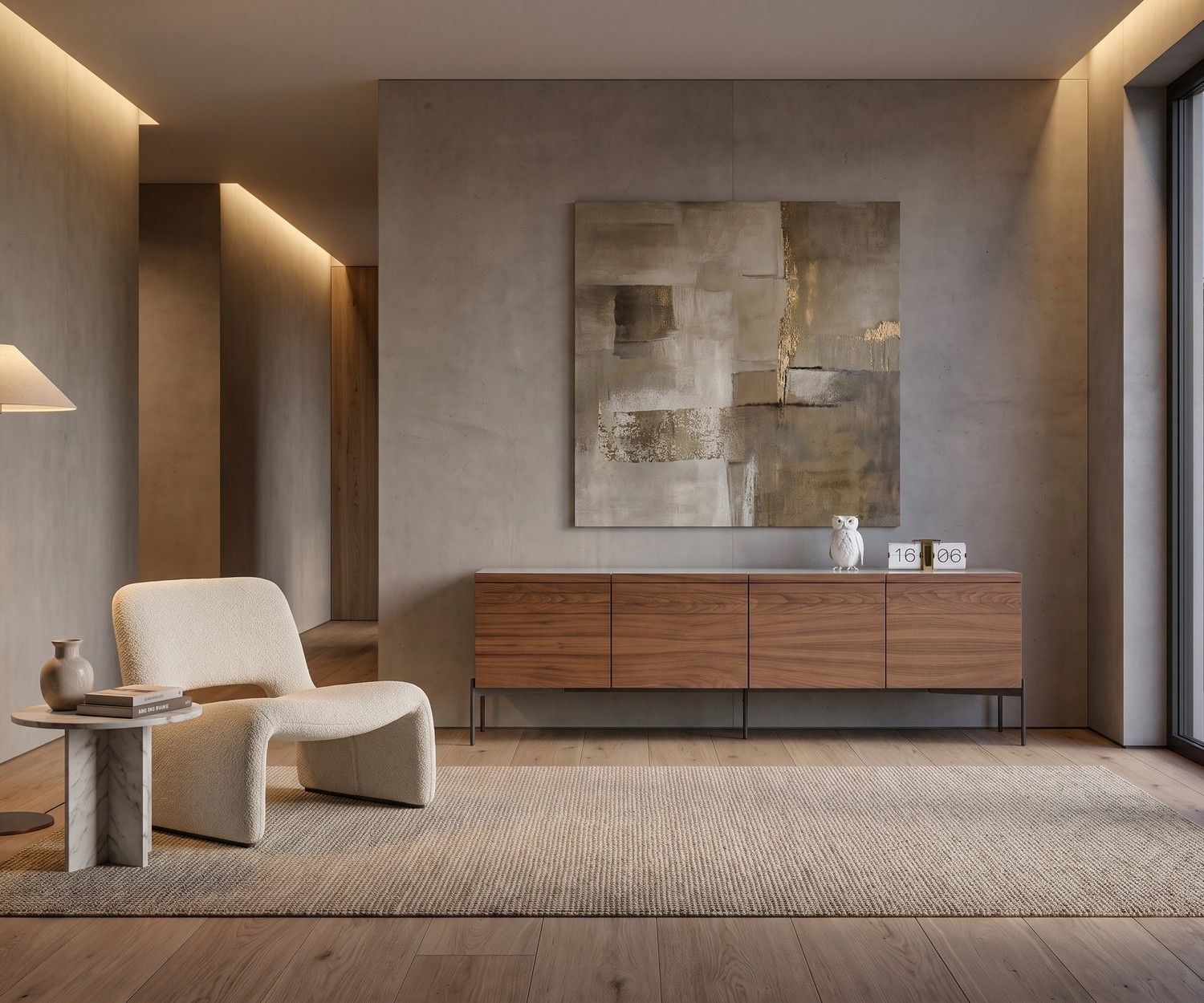 Credenza di design al2 o-rizon 003 in legno Credenza al2 o-rizon 003 per soggiorno in legno impiallacciato noce con sottili piedi in metallo in un ambiente moderno.