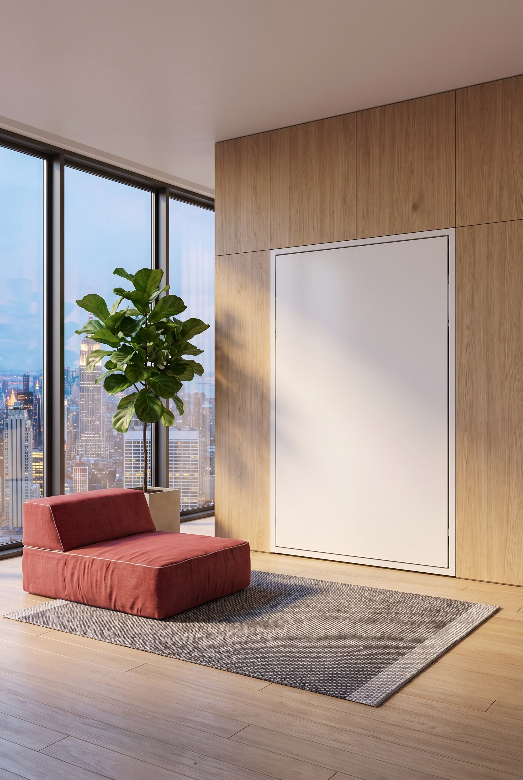 Spazio minimalista con un armadio letto completamente integrato a filo parete, che sembra una lussuosa boiserie. Spazio minimalista con un armadio letto completamente integrato a filo parete, che sembra una lussuosa boiserie.