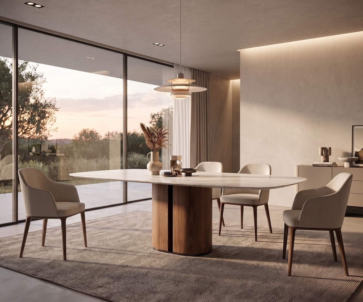 Tavolo da pranzo al2 el-it c 001. Tavolo ovale di design con base a cilindro in legno e piano in ceramica bianca.