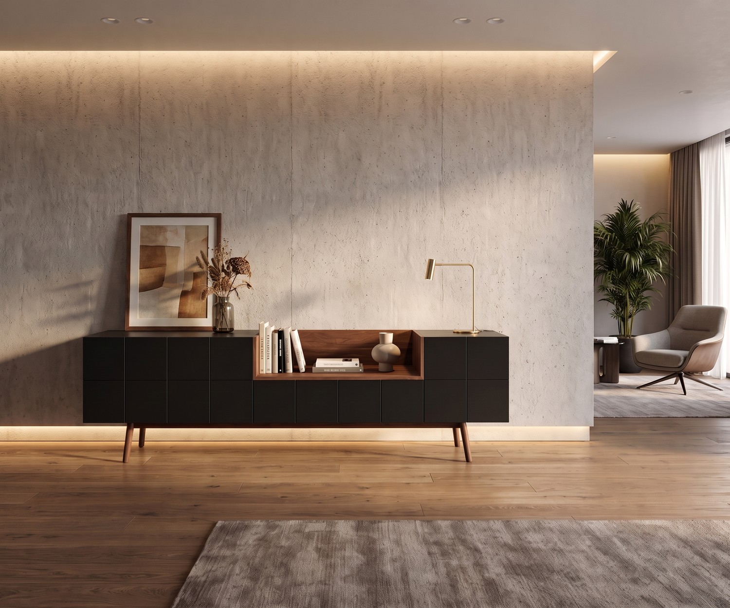 Madia di design al2 MOS-I-KO 003 A per soggiorno in lacca e legno, contenitore elegante in stile moderno e retrò.