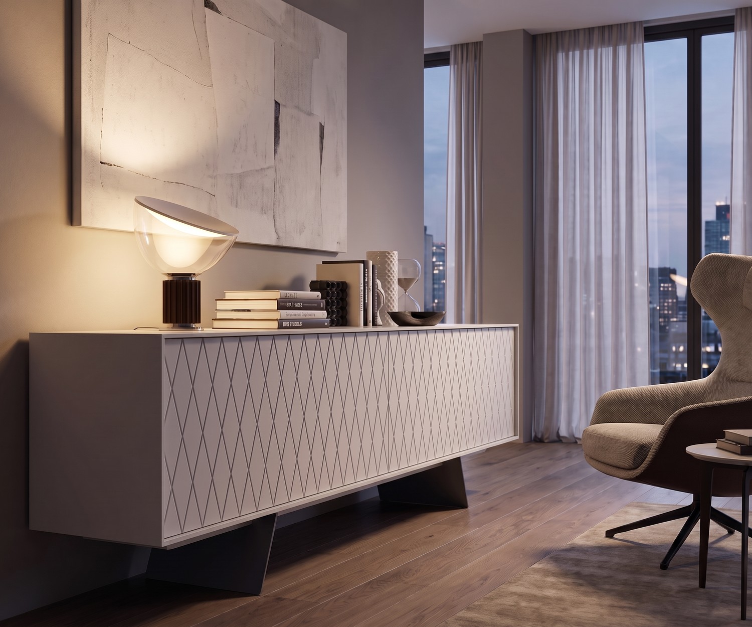 Madia di design al2 e-klipse 003 con motivo a rombi Madia di design al2 e-klipse 003 con motivo a rombi in un soggiorno moderno, mobile contenitore bianco