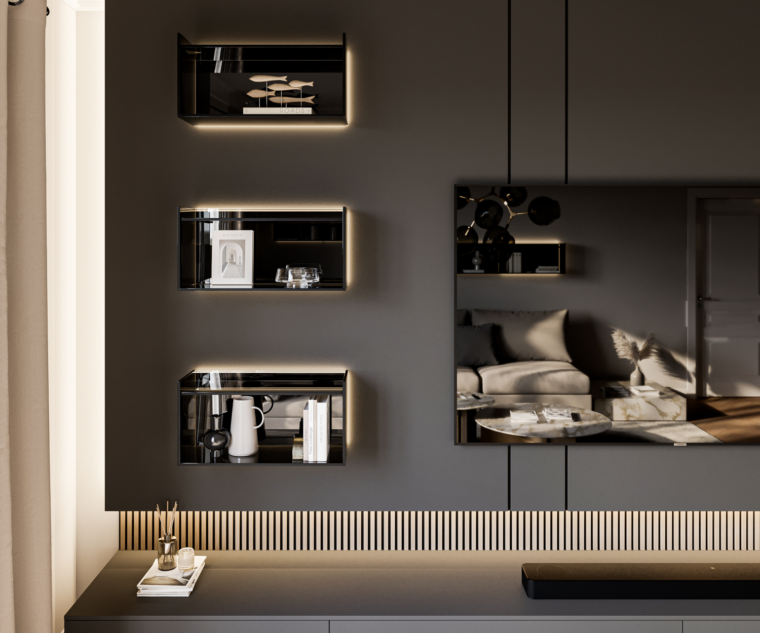 Mensola in vetro illuminata di Livitalia con tre ripiani sovrapposti Tavola bassa di design con TV Mensola in vetro illuminata di Livitalia con tre ripiani sovrapposti Tavola bassa di design con TV