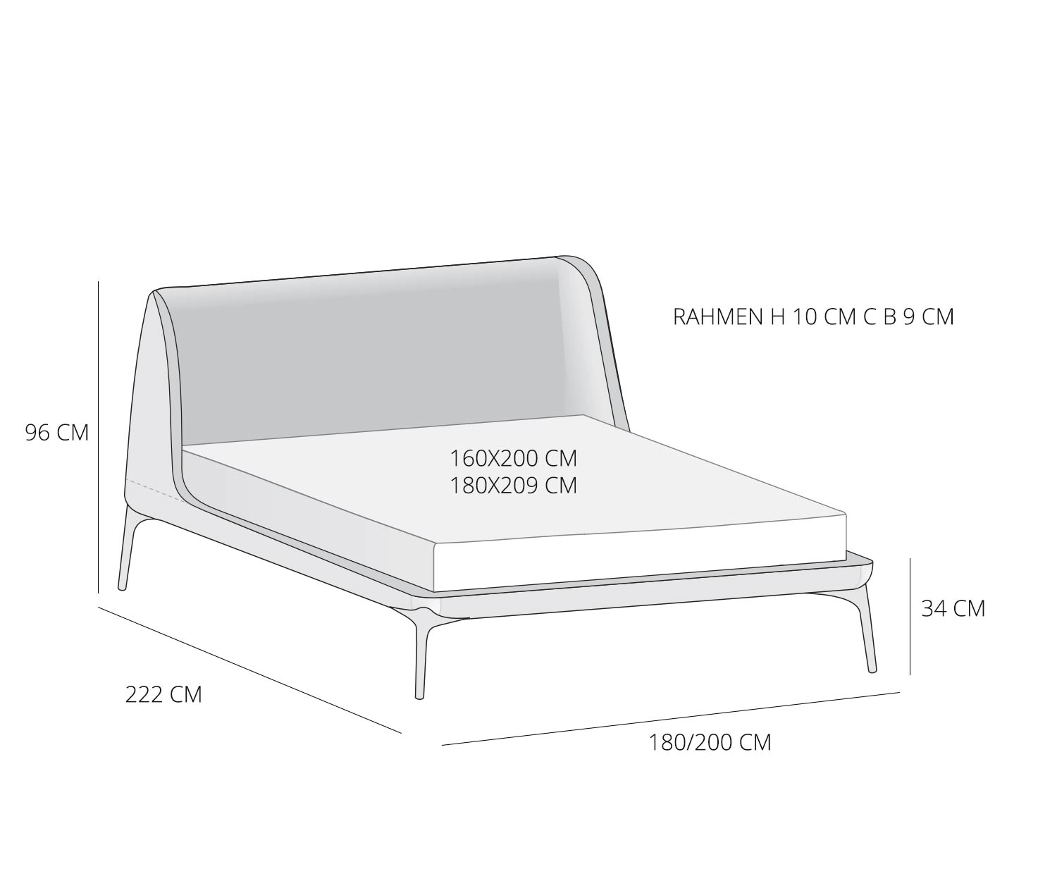 Camera da letto in velluto da Novamobili Schizzo Dimensioni Dimensioni Specifiche delle misure
