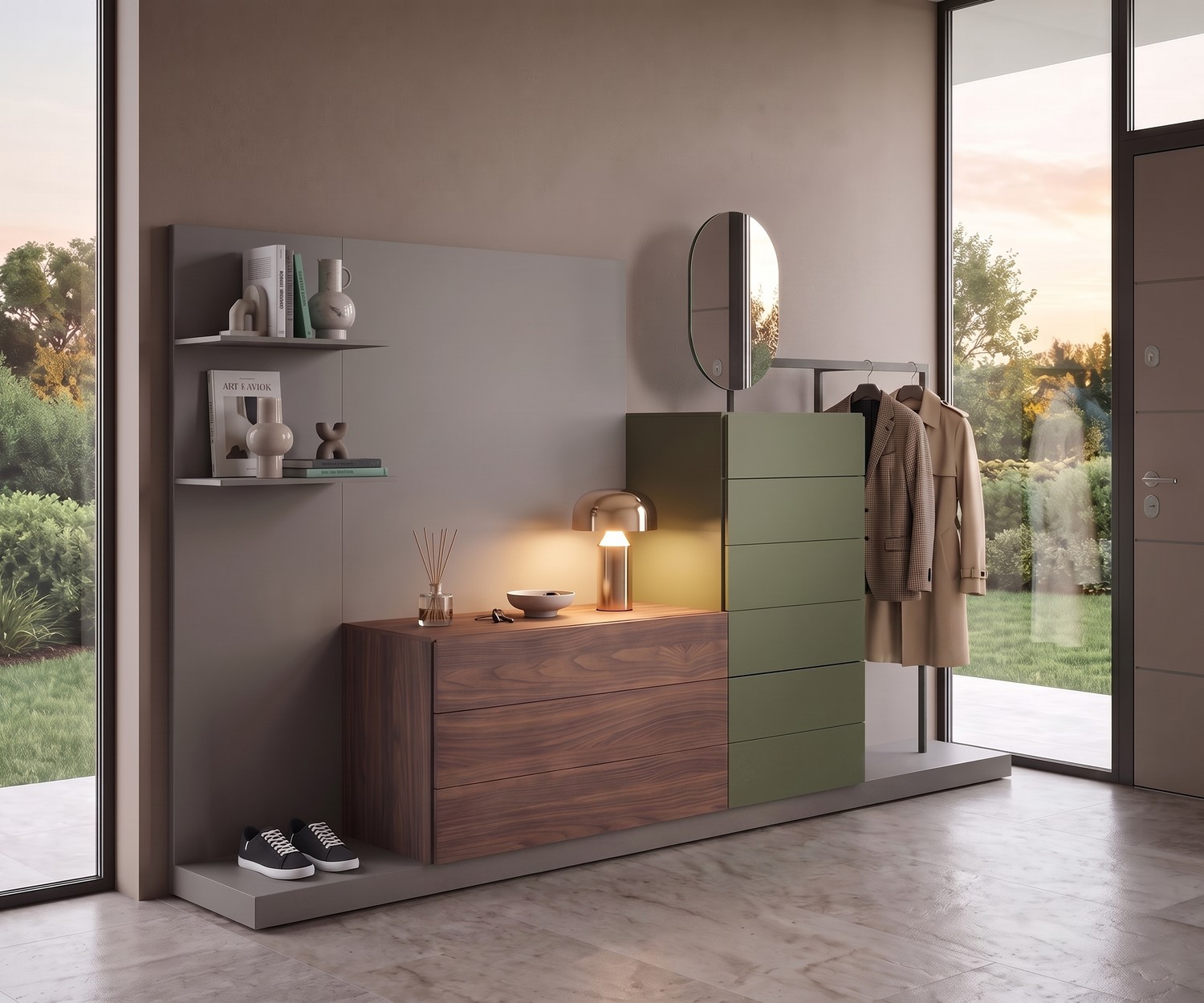 Mobile ingresso con cassettiera Novamobili Easy 9 Mobile ingresso Novamobili Easy 9 con cassettiera noce e verde, appendiabiti e specchio, design moderno e modulare.