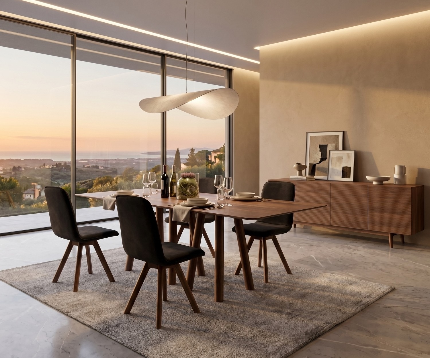Tavolo da pranzo design al2 mos-i-ko 001 a in legno in una sala da pranzo moderna con vista e sedie scure.