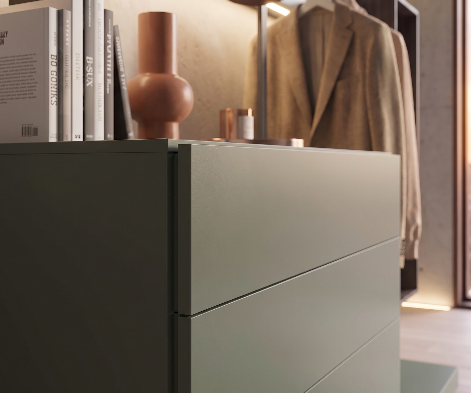 Comò di Design Novamobili Easy 4 con Appendiabiti Comò di design Novamobili Easy 4 con appendiabiti in verde per camera da letto, cassetti moderni opachi.