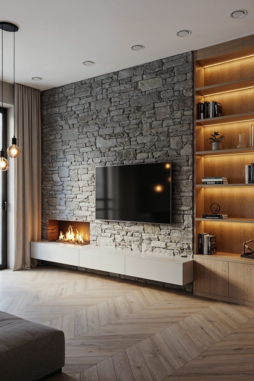 soggiorno-moderno-con-elementi-in-legno-e-parete-attrezzata-effetto-pietra-con-camino-elettrico-e-tv