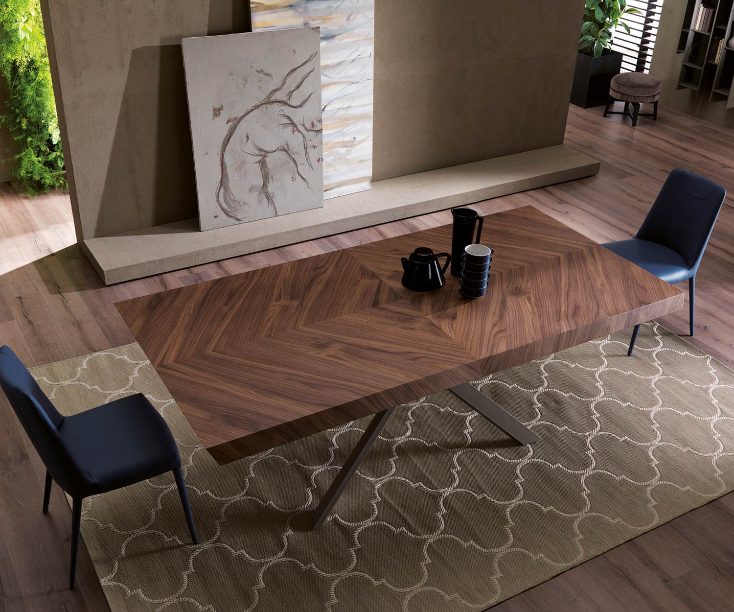 Tavolo da pranzo di design moderno vista sala da pranzo gambe del tavolo struttura in metallo grigio-marrone Tavolo da pranzo di design moderno vista sala da pranzo gambe del tavolo struttura in metallo grigio-marrone