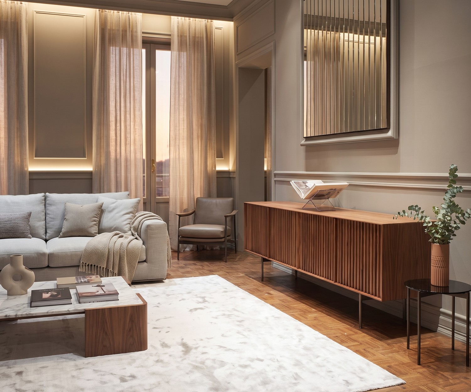 Credenza di design al2 ka-bera 003 A in noce per il soggiorno, con ante a doghe verticali in elegante stile italiano